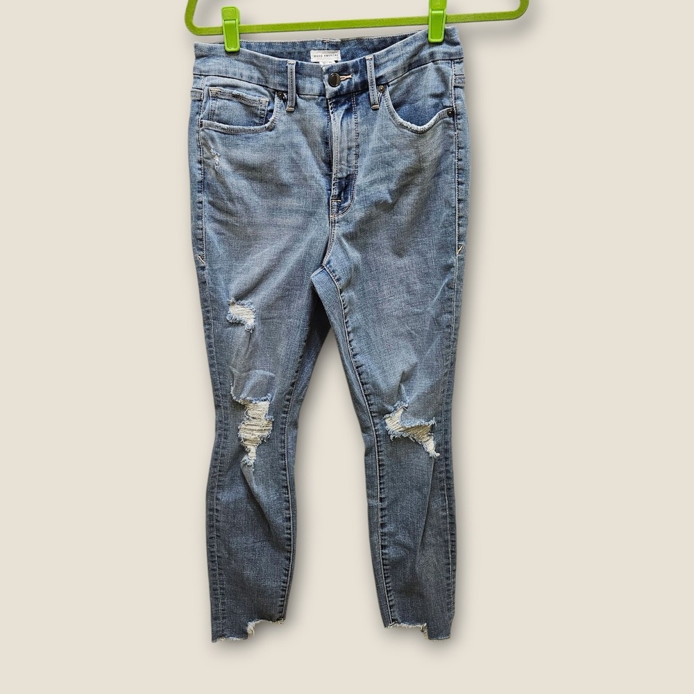 GOOD AMERICAN GOOD LEGS CROP SIDE STEP Jeans Women's Size 10/30 Blue Denim